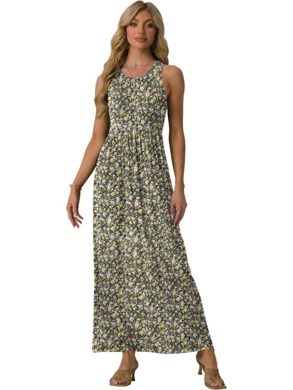 Women's Floral Black Yellow Sleeveles Casual Long Tank  with Pockets Maxi Dress - Picture 2 of 6